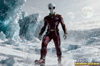 Dressed in a red flight suit, a gray alien man walks across an icy plain under twin moons