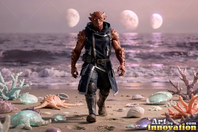 A red-skinned alien man walks along a beach under the pale pink light of three moons