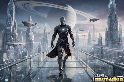 Walking forward, a silver alien man in armor crosses a glass bridge in a crystal city