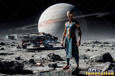 An alien man in a blue tunic stands on a rocky moon by a spaceship