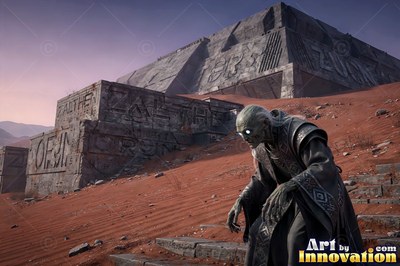 On red desert steps by a stone pyramid, a pale alien man in dark robes crouches