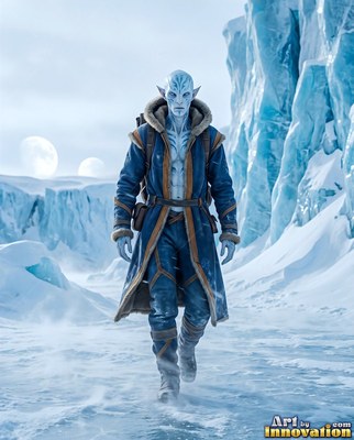 Walking through snow, a blue alien man in a heavy coat treks past ice cliffs