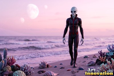 An alien man in a dark suit walks on a pink beach at dusk