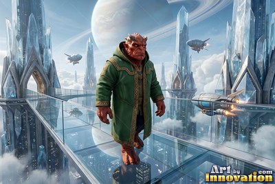 Wearing a green hooded coat, a horned alien man walks on a high glass bridge over a city