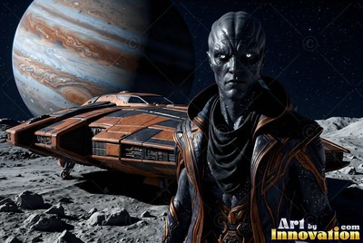 A gray alien man stands by an orange spaceship under cold white sunlight