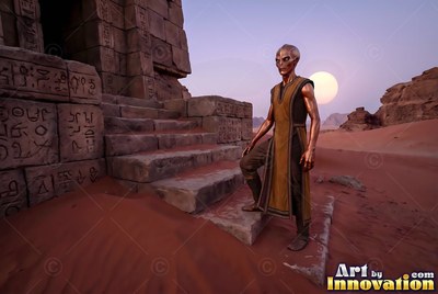 Standing on stone steps in a red desert, an alien man in a tunic looks aside