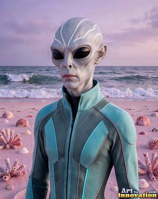 A gray alien man in a teal suit stands on a pink shell beach by the sea