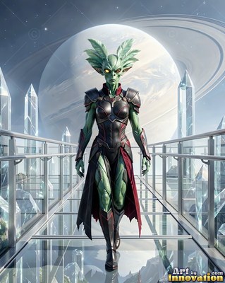 On a glass bridge near crystal towers, a green alien man walks in dark armor