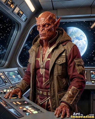 Standing at a starship console, an orange alien man looks ahead near a planet window