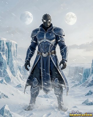 An alien man in dark blue armor stands on a snowy ice planet