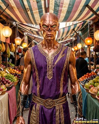 Copper skin shines on an alien man in a purple vest as he walks through a fruit market