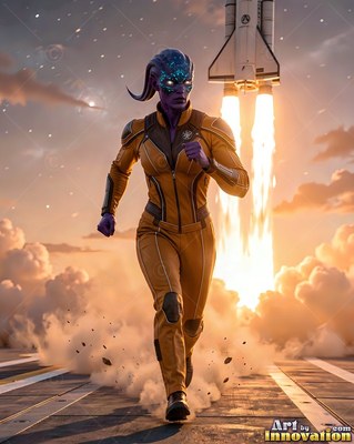 A purple alien man runs forward in a yellow jumpsuit as bright rocket fire flares behind him