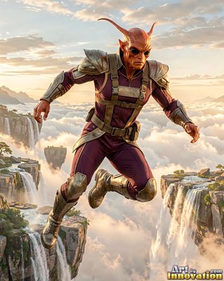 Leaping through the air, an alien man in purple armor flies over cliffs and clouds