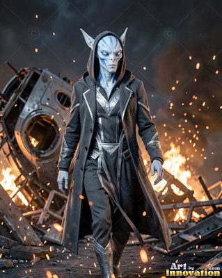 A blue-skinned alien man walks forward in a black hooded coat before burning ruins