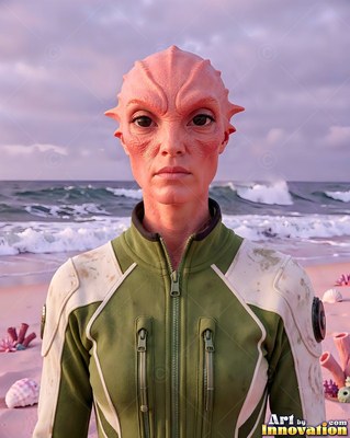 On an ocean beach, a pink alien man stands in a green and white zipped jacket