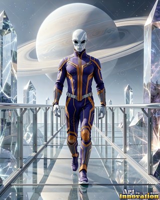 Walking a glass bridge, a silver alien man in a purple suit steps forward