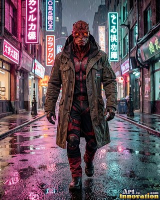 A red alien man in a brown coat walks down a wet neon street