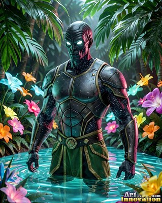 Dark armor fits on a starry-skinned alien man standing in clear water among tropical flowers and palm fronds