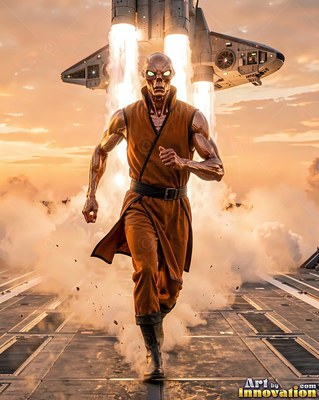 An alien man runs forward from a rising shuttle into warm orange sunset light