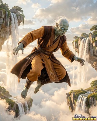 Leaping in midair high above waterfalls, an alien man wears a brown robe
