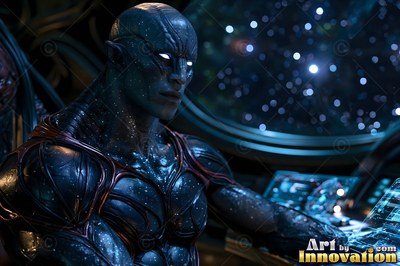 A dark alien man with blue skin sits at controls before a window of stars
