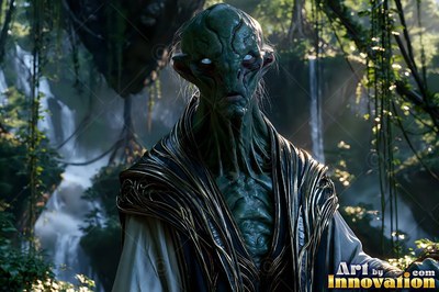In a lush jungle by waterfalls, an alien man with green skin wears dark robes