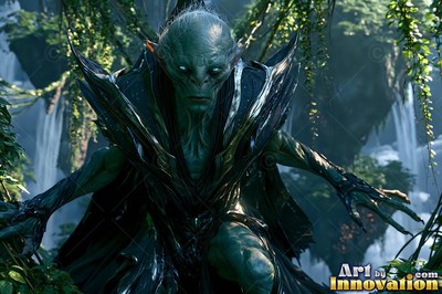 Crouching in dark armor, a green alien man with pointed ears stalks through a jungle