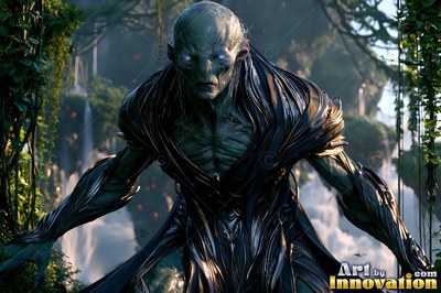 A pale alien man in dark armor stands in a jungle