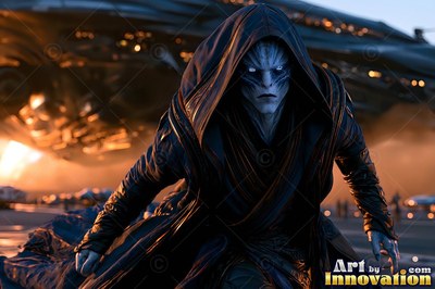 A dark hood frames the blue-skinned alien man standing before a spacecraft