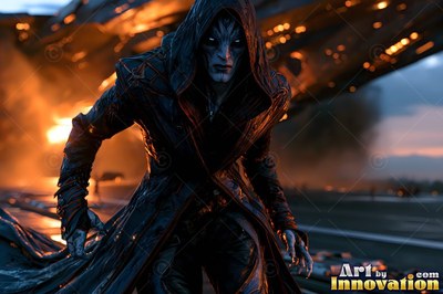 A hooded alien man in a long dark coat stalks forward before bright orange fire