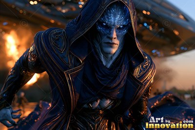 Leaning forward outside, a blue alien man in a hood stands near a spaceship