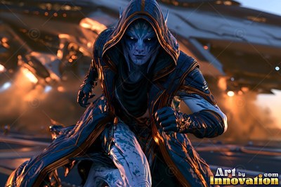 A blue extraterrestrial man in a dark hooded coat runs past a landing spaceship