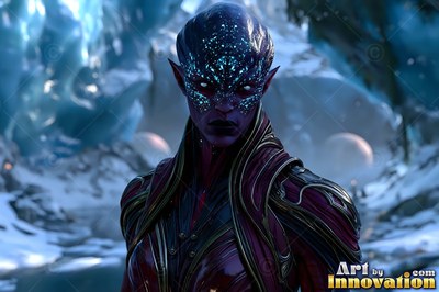 In a snowy canyon, an alien man in red armor looks ahead with blue-spotted skin