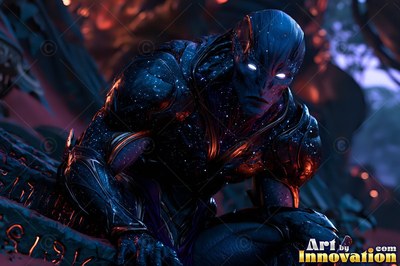 Crouching in dark blue shadows, a muscular alien man has starry skin and white eyes