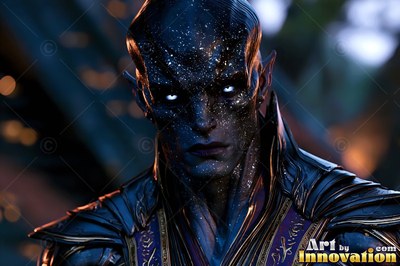 Alien man with dark starry skin and bright white eyes