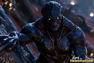 Speckled blue skin covers an alien man crouching by dark stone walls with white lights behind him