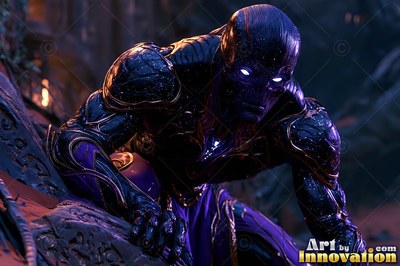 A dark alien man crouches forward on carved stone under deep purple light