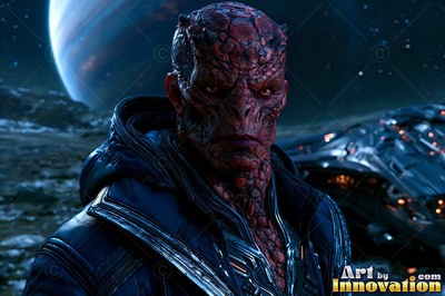 Facing forward on a barren moon, a red reptilian extraterrestrial man stands in space