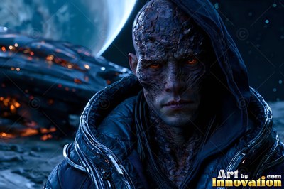 A hooded alien man with cracked dark skin stands near a spaceship in blue light