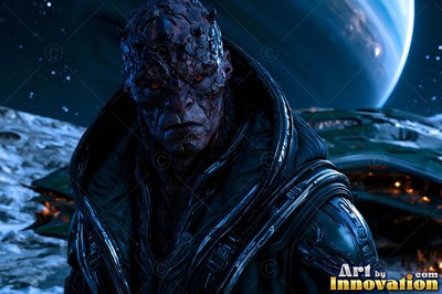On a rocky moon, a reptilian alien man is standing in a dark hooded suit