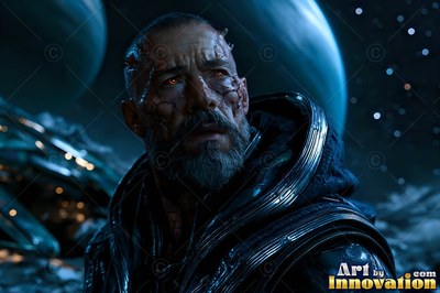 Looking up at blue planets, an alien man in dark armor stands outdoors at night