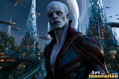Pale alien man in a dark red coat near crystal towers