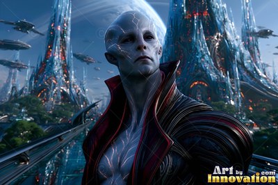 A high red-lined collar frames a pale alien man standing before tall blue crystal towers