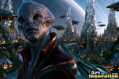 An alien man stands before a city of crystal spires under dim blue light
