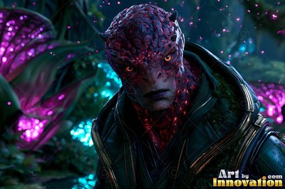 Facing forward in a dark jungle, a horned alien man with dark red scales looks ahead