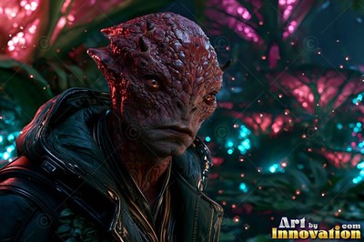 A red scaly alien man in a dark jacket stands among blue and pink lights