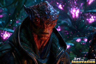 In a dark purple garden, a reptilian man with red scaly skin wears a dark hood