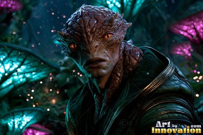 Looking forward, a scaly reptilian alien man stands in a dark blue forest