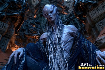 A pale alien man with braided hair crouches in dark robes