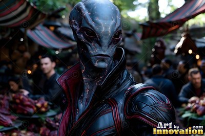 Red veins mark the smooth gray skin of an alien man standing in a crowded market